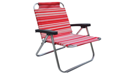 Red and white striped folding beach chair on transparent background