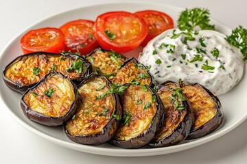 Fried eggplant with yogurt on a plate over white background. AI generated illustration.