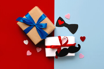 Happy Father's Day. Top view of gift boxes,hearts,false mustache and bow tie