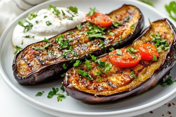 Fried eggplant with yogurt on a plate over white background. AI generated illustration.