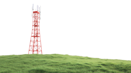 Telecommunication tower standing on green hill with transparent background