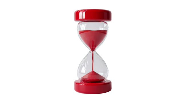 Red hourglass with falling sand on transparent background