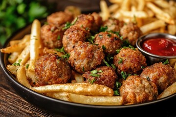 Fried meatballs and crispy fries on a rustic plate, styled with warm light and natural tones. AI generated illustration.