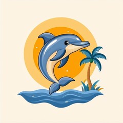 Fototapeta premium Playful Blue Dolphin Leaping from Ocean Waves at Sunset near Palm Tree
