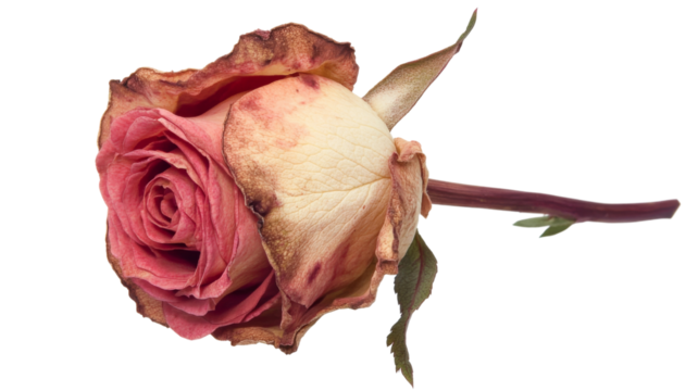Withering pink rose isolated on transparent background symbolizing lost love