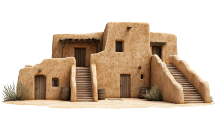 Large adobe building with multiple staircases and wooden barrels in the desert on transparent background