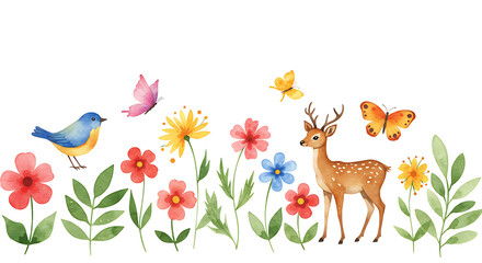 Watercolor Wildlife Border: Deer, Bird, Butterflies Among Colorful Flowers & Leaves, Isolated on Black Backdrop, Artistic Illustration for Springtime Designs & Nature-Themed Creations