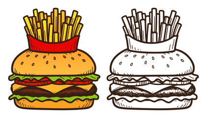 burger with the French fries crown, cartoon fast food sketch