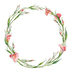 Fototapeta premium Calla Lily Flowers Frame with Leaves and Buds Isolated Hand Drawn Watercolor Painting Illustration