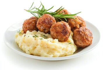 Fried meatballs and mashed potatoes. AI generated illustration.