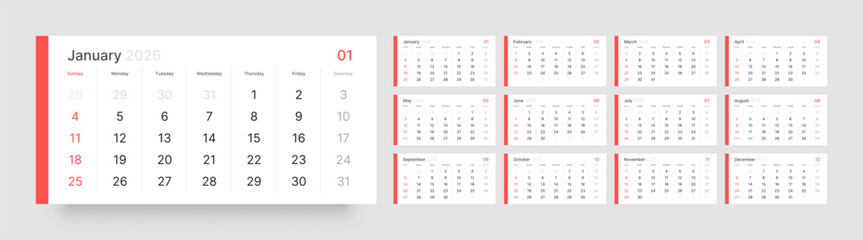 Monthly calendar layout for 2026 year. Quarterly calendar for 2026 year. Week Starts on Sunday. Calendar Set for 2026 year.