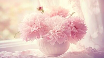 Beautiful pink flowers in a simple white vase on a window sill