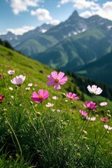 Fototapeta premium flowers in a field with mountains in the background
