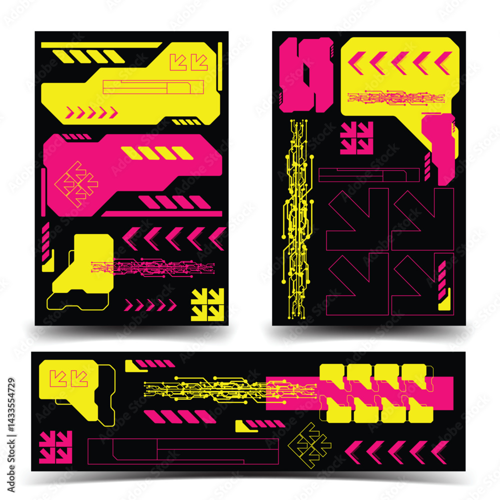 Wall mural y2k 2000s scifi cyberpunk retro-futuristic layout template set dashboard for ux-ui application, 2d v