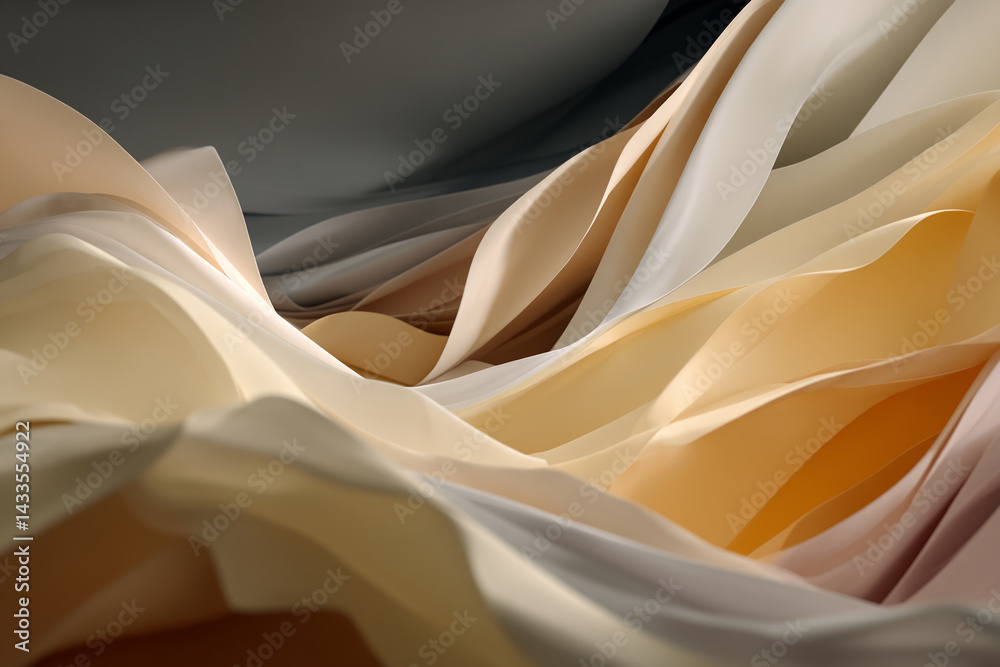 Poster Abstract image of flowing beige and cream colored fabric, creating a soft, undulating texture, showcasing elegant fluidity and smooth curves ideal for backgrounds