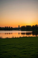 Fototapeta premium araffe sitting on a bench overlooking a lake at sunset