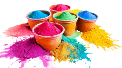 Colorful holi powder exploding from clay pots on transparent background
