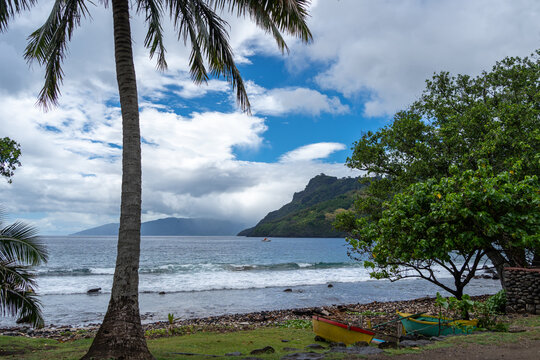 Tahuata Island beach with boats, Marquesas Islands, French Polynesia