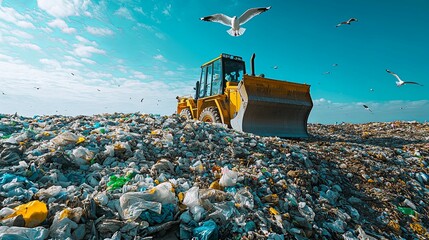Yellow construction vehicle working on a large waste pile.