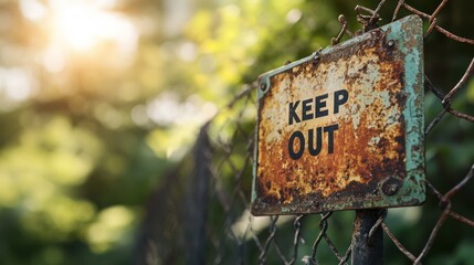 Rusted metal sign warns, Keep Out, standing old chain link fence, conveying exclusion, decay outdoors.