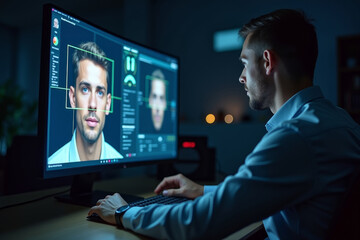 Naklejka premium Man in security control center, watch CCTV cameras with AI face scanning. Male operator uses PC. Computer monitors and big digital screens with surveillance cameras video footage. AI
