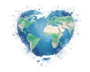 Earth Globe Shaped as Heart Embracing Conservation in Watercolor Style for Environmental Day, Showing Africa, Europe, Americas, Oceans