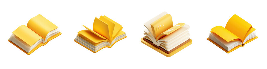 Four 3D Yellow Open Books in Different Positions Perfect for Education or Reading Concepts