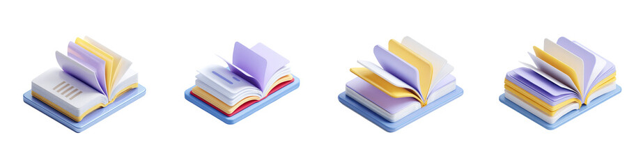Four Colorful 3D Rendered Open Books Perfect for Education or Reading Concepts