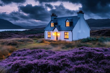 A white cottage with lit windows stands alone in a field of purple heather, bathed in the soft light of twilight