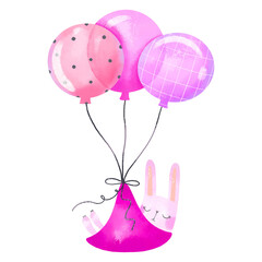 Cute Rabbit dreaming and fly on air balloon. Its a girl baby shower watercolor illustration on isolated background. Traveling. Perfect for baby room, textile, print, sticker