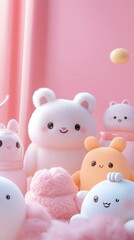 Interactive pet toys Cute plush toys with pastel colors on display.