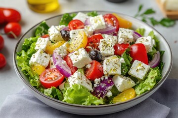 Greek salad with feta cheese. AI generated illustration.
