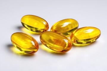 Glossy and transparent omega-3 fish oil softgel capsules resting on a white surface in a well-lit environment