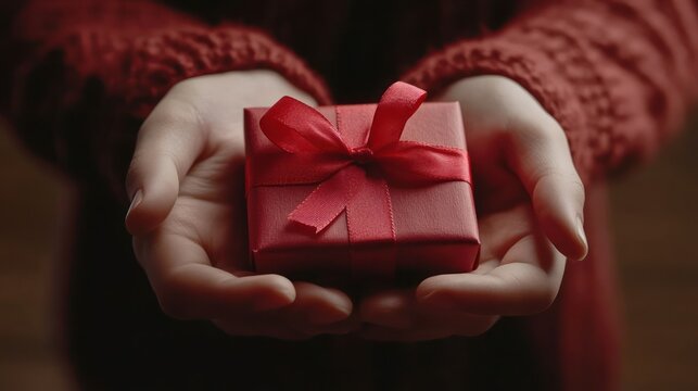 Child hands offer gift box with red ribbon, presenting holiday present with celebration, love, gratitude.