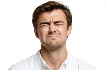 Obraz premium Man grimacing in pain with squinted eyes against a plain white background, conveying discomfort and distress