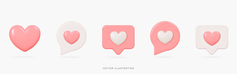 3D Social media likes and emoji icon set. Speech bubble messages with pink and beige hearts. Love chat. Reaction button. Valentine's Day. Cartoon design icons isolated on white. 3D Vector illustration