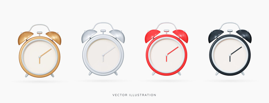 3D Alarm clock emoji icon set. Table clock in gold, silver, red and black colours. Wake up time. School and office supplies. Reminder concept. Cartoon realistic design elements. 3D Vector illustration