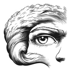 Fototapeta premium Engraving of Eye with Flowing Hair in Detailed Illustration Style