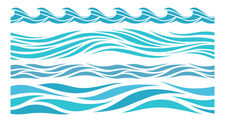 Set of abstract ocean waves in flat style. Stylized water flow elements for backgrounds, dividers and design decoration. Clean marine-inspired vector shapes