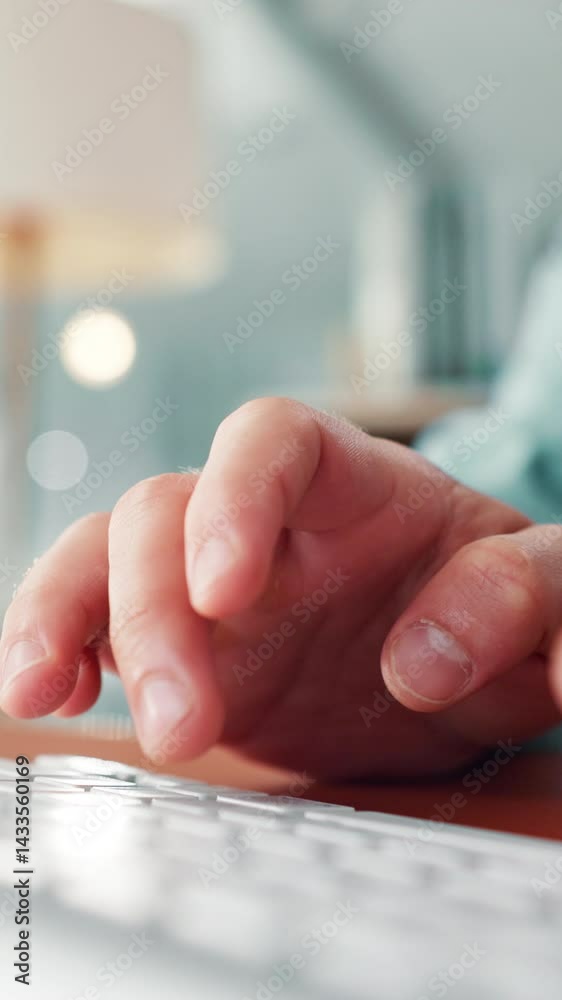 Aufkleber technology, hands and man with typing on keyboard for editing article, submission review and proofre
