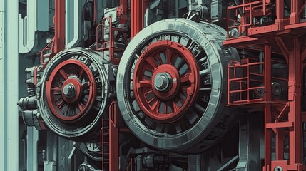 Heavy engines on hoists with red hydraulic lifts and industrial scaffolding