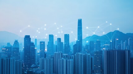 A futuristic skyline featuring tall buildings with a digital network overlay, set against a blue-toned mountain backdrop.