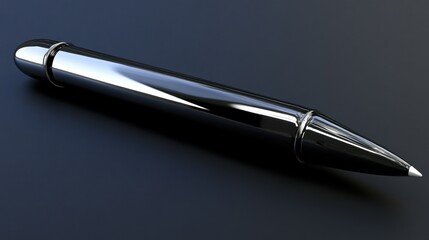 A shiny metallic writing instrument rests on a dark surface