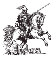 Knight in Armor on Horseback Engraving with Castle in Background