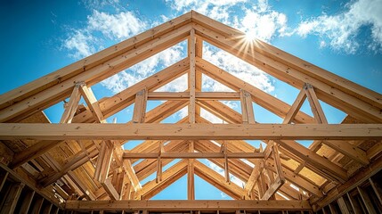 Fototapeta premium Under a radiant sky, the wooden framework of a house's roof structure.
