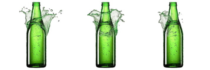 Refreshing Green Bottles Splashing Water in a Dynamic Beverage Scene on transparent background