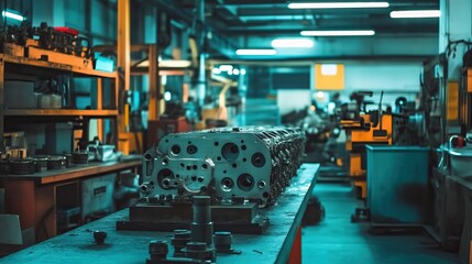 Fototapeta premium Industrial lighting highlighting engine molds and casting forms in a factory bay