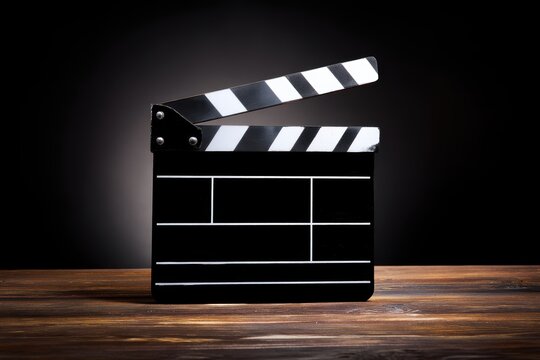 Clapperboard stands on a wooden surface in a dramatic lighting setup for film production at a studio