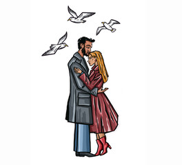 Lovers hugging and birds flying above them color illustration made by hand