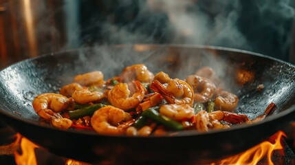 Shrimp stir-fry sizzles in pan over intense heat, with steam rising presenting culinary treat.